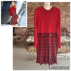 Venus Dress Red Plaid Flounce Hem Pencil 8 Long Sleeve Holiday Cocktail Tartan
